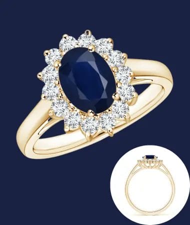 blauer Saphirring mit Diamant-Halo